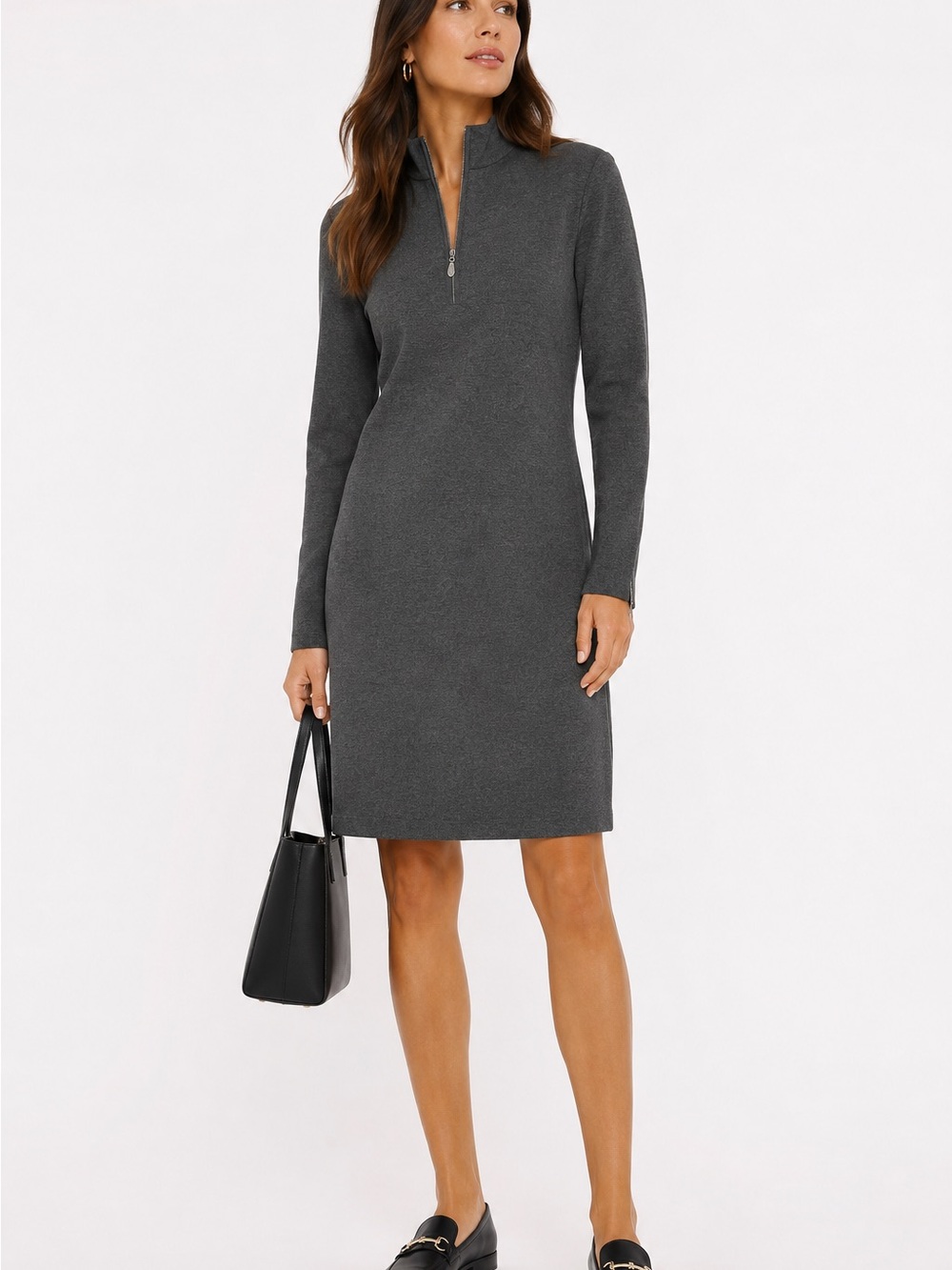 J McLaughlin Bedford Zip-Neck Long Sleeve Dress Charcoal Gray Large Quiet Luxury
